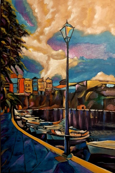 Malerei mit dem Titel "Lake Town" von Spiros Gremo, Original-Kunstwerk, Acryl