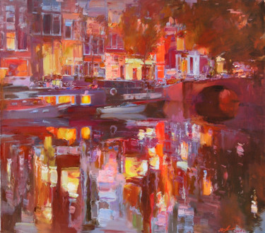 Painting titled "Evening Amsterdam" by Sergii Poliakov, Original Artwork, Oil