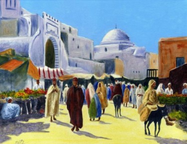 Peinture intitulée "Un marché tunisien" par Saïd Serge Berkane, Œuvre d'art originale, Huile