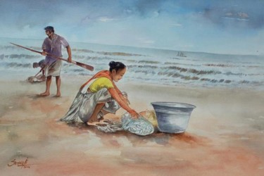 Painting titled "Fishermens busy in…" by Srinivasa Rao Ghanta, Original Artwork