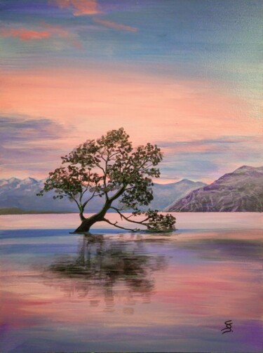 Schilderij getiteld "LONELY TREE OF LAKE…" door Svetlana Sokolova, Origineel Kunstwerk, Acryl