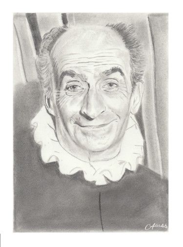 Drawing titled "Louis de Funès" by Éric Adam, Original Artwork, Pencil