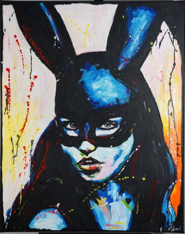 Painting titled "Lady Rabbit" by Stach, Original Artwork, Acrylic Mounted on Wood Stretcher frame