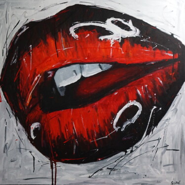 Painting titled "Lips" by Stach, Original Artwork, Acrylic Mounted on Wood Stretcher frame