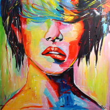 Painting titled "Girl with bangs on…" by Stach, Original Artwork, Acrylic Mounted on Wood Stretcher frame