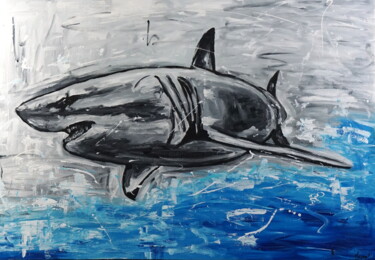 Painting titled "Shark" by Stach, Original Artwork, Oil Mounted on Wood Stretcher frame