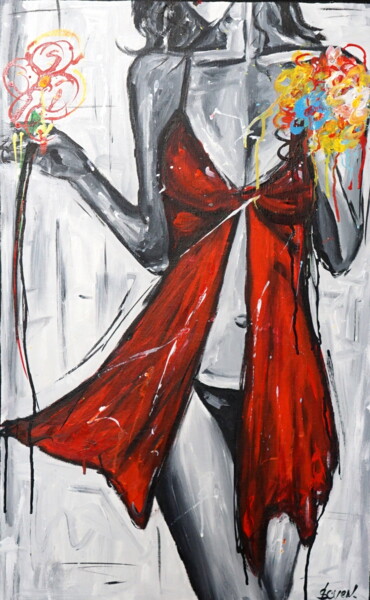 Malarstwo zatytułowany „Girl with a bouquet” autorstwa Stach, Oryginalna praca, Olej Zamontowany na Drewniana rama noszy
