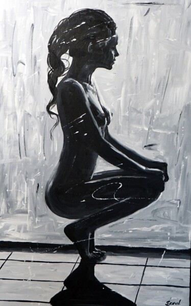 Painting titled "Girl in the shadows" by Stach, Original Artwork, Acrylic Mounted on Wood Stretcher frame