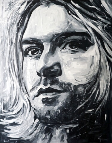 Schilderij getiteld "Kurt Cobain" door Stach, Origineel Kunstwerk, Acryl Gemonteerd op Frame voor houten brancard