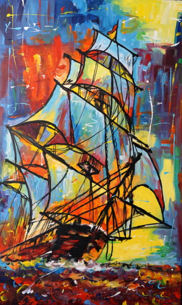 Painting titled "Frigate" by Stach, Original Artwork, Oil Mounted on Wood Stretcher frame