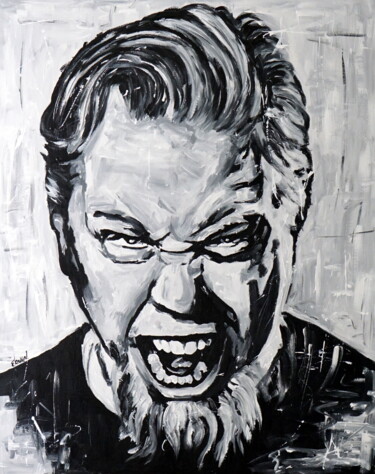 Painting titled "James Hetfield" by Stach, Original Artwork, Oil Mounted on Wood Stretcher frame