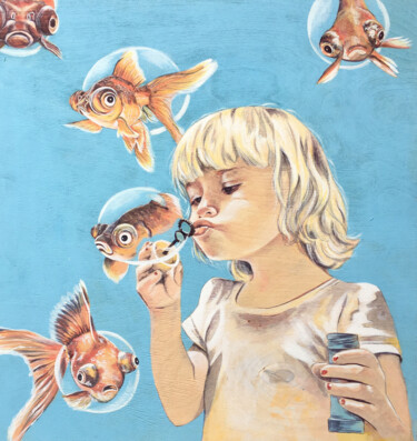 Painting titled "Fish Bubles" by Stacy Shpak, Original Artwork, Acrylic Mounted on Wood Panel