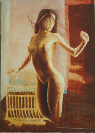 Painting titled "Mädchen und schwebe…" by Stan Bert Singer, Original Artwork, Oil