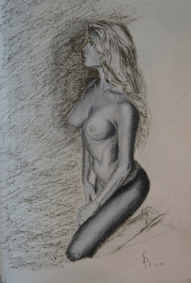 Drawing titled "Mädchen kniend am B…" by Stan Bert Singer, Original Artwork, Chalk