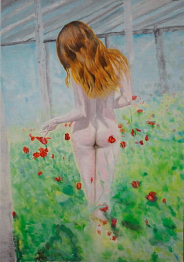 Schilderij getiteld "Rosenmädchen" door Stan Bert Singer, Origineel Kunstwerk, Olie