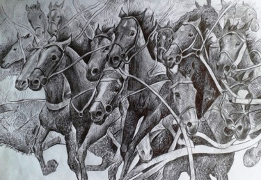 Dessin intitulée "Bolting Horses" par Stan Bigda, Œuvre d'art originale, Encre
