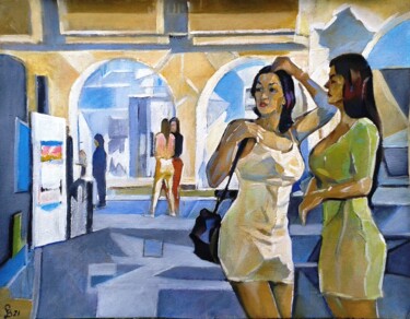 Schilderij getiteld "Ladies at an Exhibi…" door Stan Bigda, Origineel Kunstwerk, Acryl