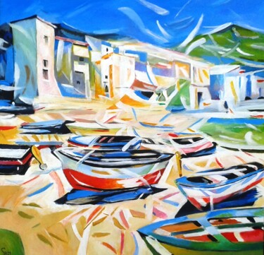 Painting titled "Boats and Flying Se…" by Stan Bigda, Original Artwork, Acrylic Mounted on Wood Stretcher frame