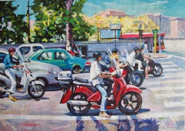 Peinture intitulée "Motorbikes in Rome" par Stan Bigda, Œuvre d'art originale, Huile