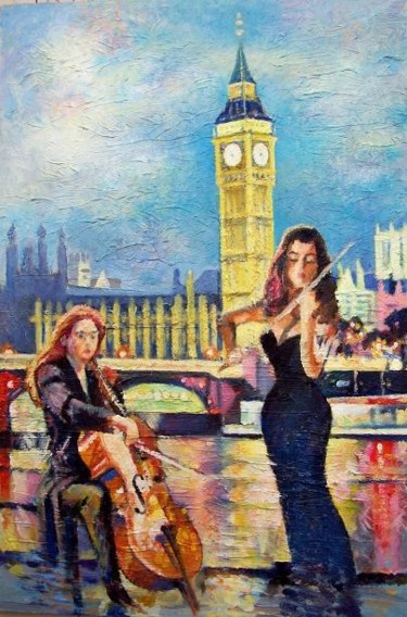 Ζωγραφική με τίτλο "Buskers in London" από Stan Bigda, Αυθεντικά έργα τέχνης, Λάδι