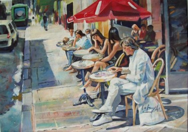 Картина под названием "Paris pavement cafe…" - Stan Bigda, Подлинное произведение искусства, Масло