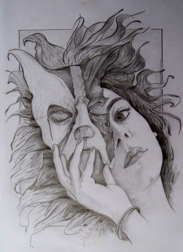 Desenho intitulada "Mask" por Stan Bigda, Obras de arte originais, Lápis