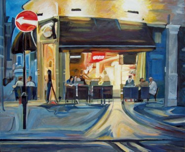 Schilderij getiteld "London pub at dusk" door Stan Bigda, Origineel Kunstwerk, Olie