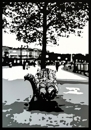 Картина под названием "Sur un banc." - Stan, Подлинное произведение искусства, Акрил Установлен на Деревянная рама для носил…
