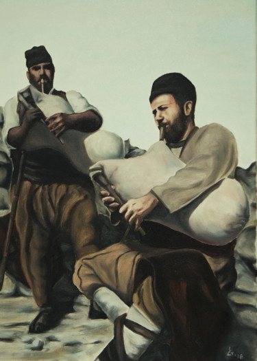 Malerei mit dem Titel "Bulgarian bagpipers" von Stanimir Stoykov, Original-Kunstwerk, Öl