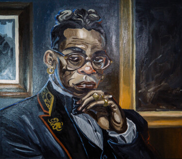 Painting titled "Dr. Afolabi" by Stanislav Dasiukevich, Original Artwork, Oil Mounted on Wood Stretcher frame