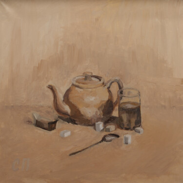 Картина под названием "Чайник, сахар и кон…" - Станислав Поликарпов, Подлинное произведение искусства, Масло