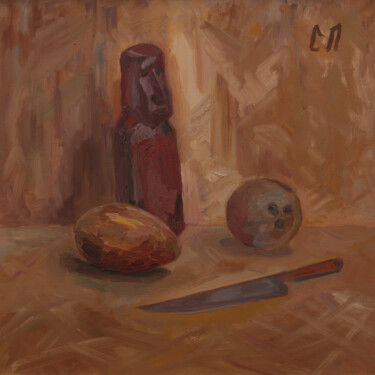 Painting titled "Идол, нож и кокосы" by Stanislav Polikarpov, Original Artwork, Oil