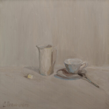 Картина под названием "Молочник, чашка и с…" - Станислав Поликарпов, Подлинное произведение искусства, Масло