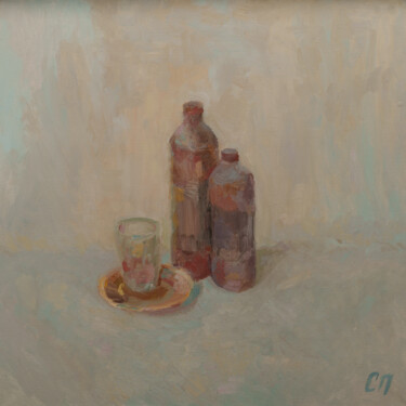 Malerei mit dem Titel "Бутылки, блюдце и с…" von Stanislav Polikarpov, Original-Kunstwerk, Öl