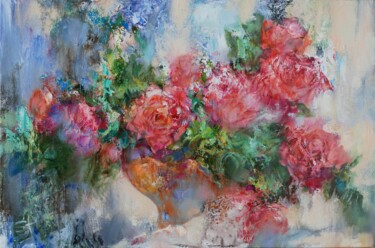 Painting titled "Red flowers" by Stanislavas Sugintas, Original Artwork, Oil