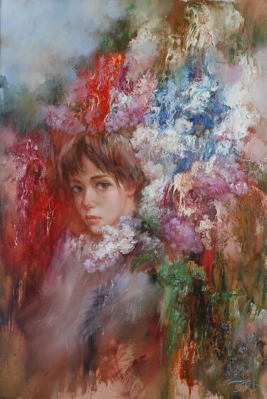 Painting titled "Flowering spring" by Stanislavas Sugintas, Original Artwork, Oil Mounted on Wood Stretcher frame