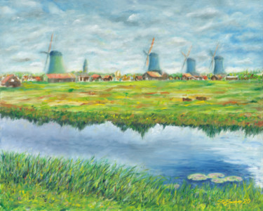 Schilderij getiteld "Windmills at Zaanse…" door Stan Sweeney, Origineel Kunstwerk, Olie Gemonteerd op Frame voor houten bran…