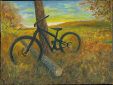 Painting titled "Mt. Bike Sunset" by Stan Sweeney, Original Artwork, Oil Mounted on Wood Stretcher frame