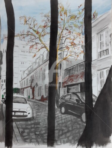 Malerei mit dem Titel "La rue en prison" von Joel Massau, Original-Kunstwerk, Gouache