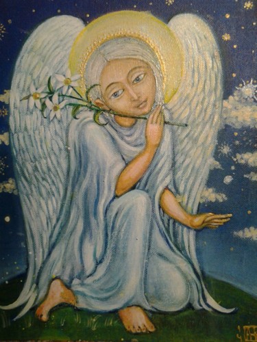 Painting titled "Angel with a flower" by Aliona Starodubtseva, Original Artwork, Acrylic