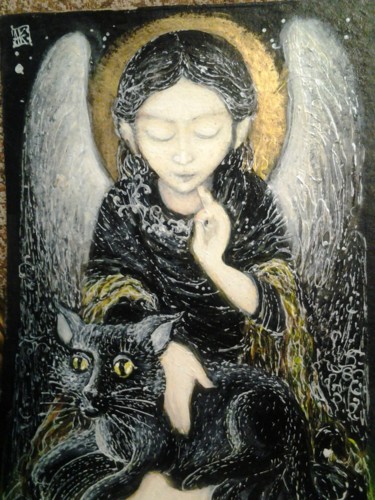 Картина под названием "Angel and black cat" - Алёна Стародубцева, Подлинное произведение искусства, Акрил