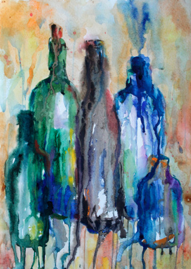 Bottles Painting titled "Bottles" by Nikolay Starostenko, Original Art, Watercolor