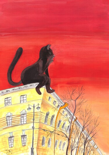 Pintura titulada "The Cat On A Roof a…" por Stasy Vo, Obra de arte original, Gouache