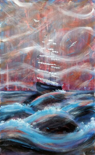 Painting titled "Barque with sails d…" by Stasy Vo, Original Artwork, Acrylic