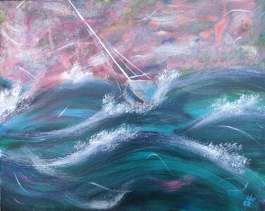 Painting titled "Boat on Sea Waves" by Stasy Vo, Original Artwork, Acrylic