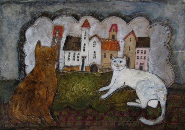 Malarstwo zatytułowany „Two Cats” autorstwa Dominika Stawarz-Burska, Oryginalna praca, Olej