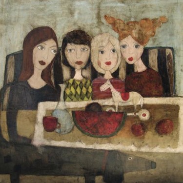 Schilderij getiteld "Four Girls" door Dominika Stawarz-Burska, Origineel Kunstwerk, Olie