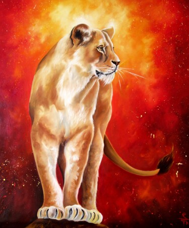 Painting titled "La Lionne" by Stayly Dompierre, Original Artwork, Oil Mounted on Wood Stretcher frame