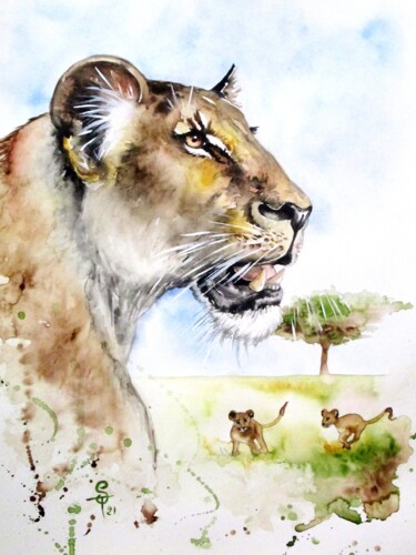 Painting titled "Lionne et ses petits" by Stayly Dompierre, Original Artwork, Watercolor