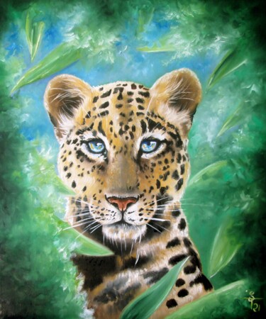 제목이 "Le léopard"인 미술작품 Stayly Dompierre로, 원작, 기름 나무 들것 프레임에 장착됨
